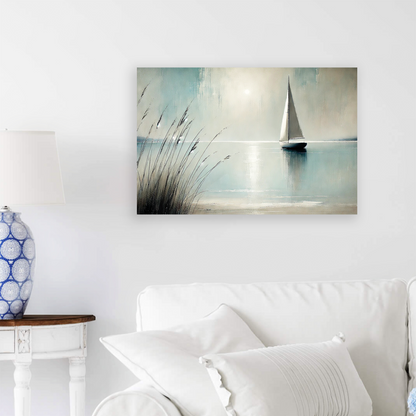 autumn ocean print GENTLE WATERS . The piece hangs on a wall.
