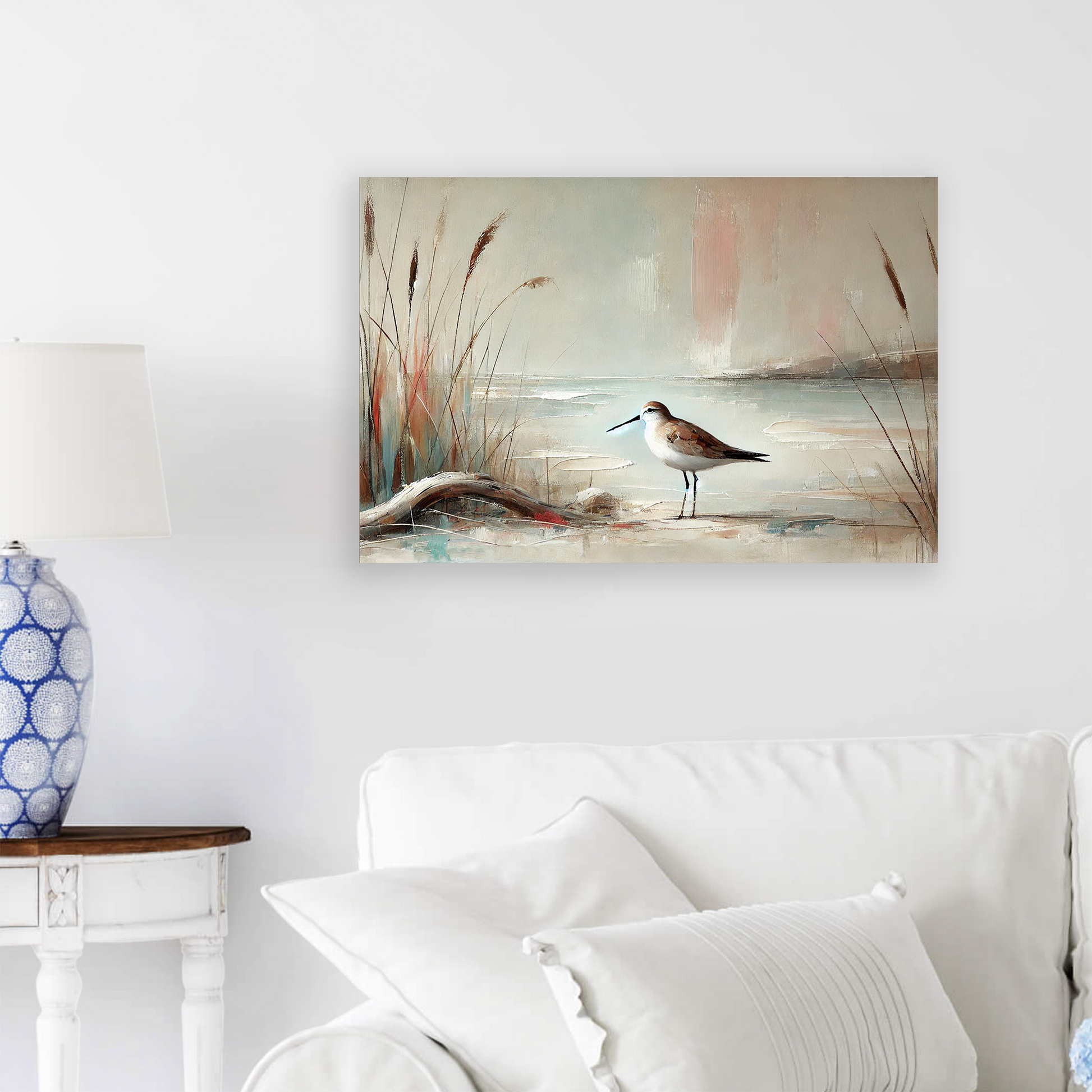 fall shore art AUTUMN SANDPIPER . The piece hangs on a wall.