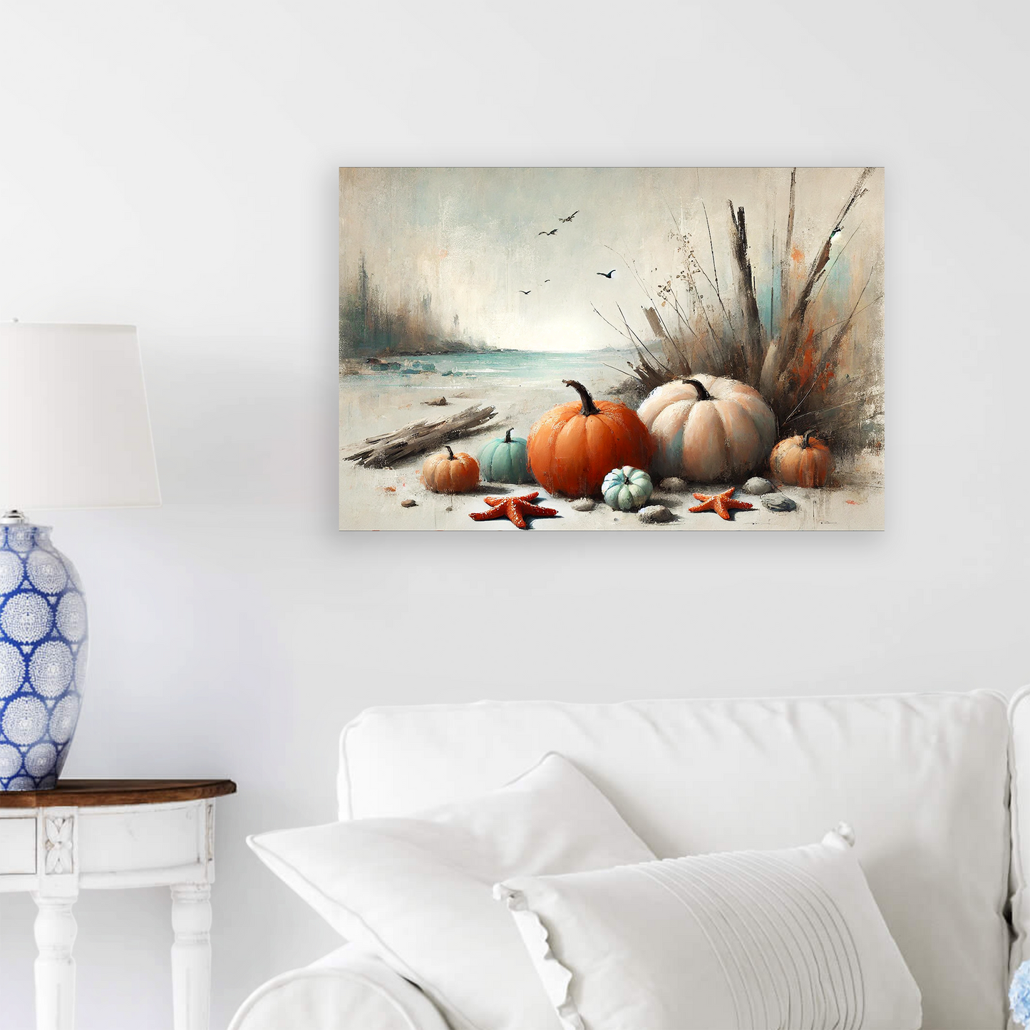 coastal fall print BEACHSIDE HARVEST. The piece hangs on a wall.