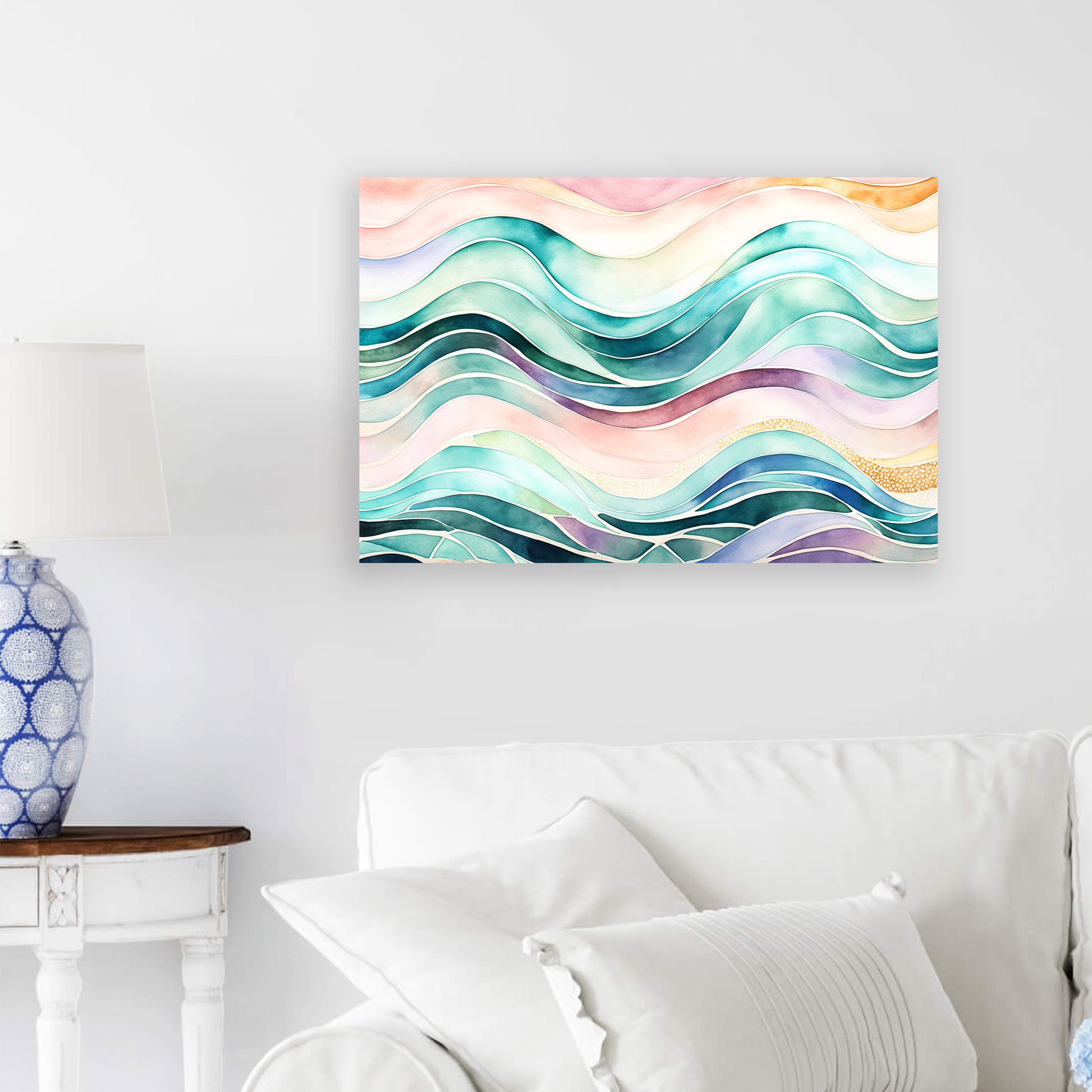 waves art print EBB AND FLOW . The piece hangs on a wall.