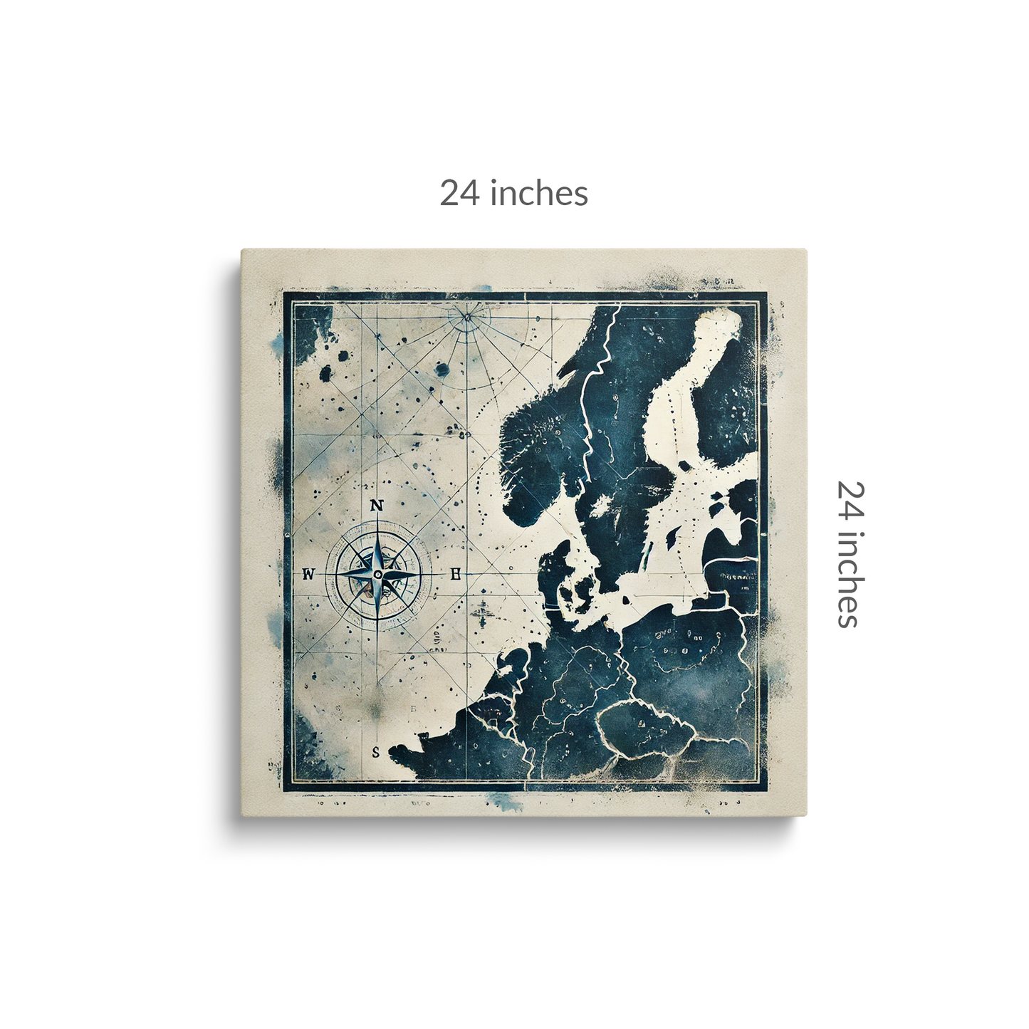 nautical chart art NAUTICAL DEPTHS. Gallery wrap canvas is square. Across the top of the canvas Text reads: “24 inches. Across the side of the canvas text reads 24 inches”