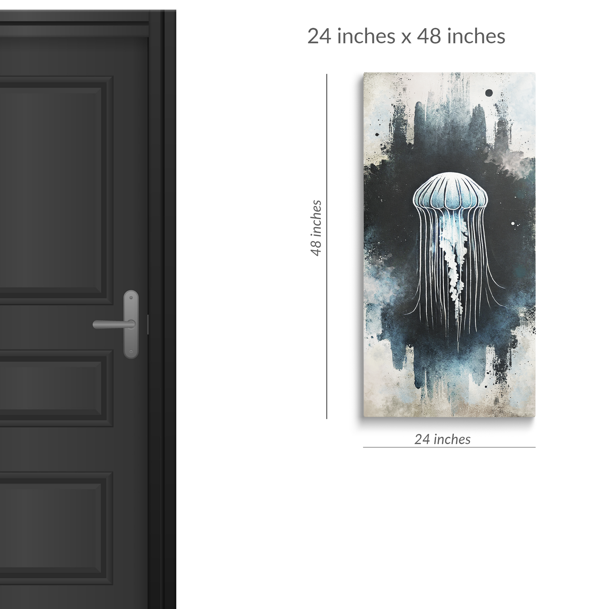 A standard size door next to beach wall art on canvas MOONLIT JELLY. The ocean wall art blue is in portrait orientation. Text reads: “24 inches x 48 inches”
