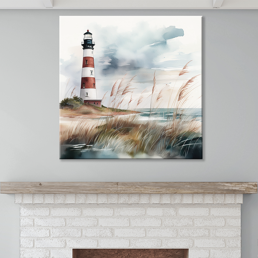 The lighthouse wall art STRIPED BEACON. The piece hangs on a wall