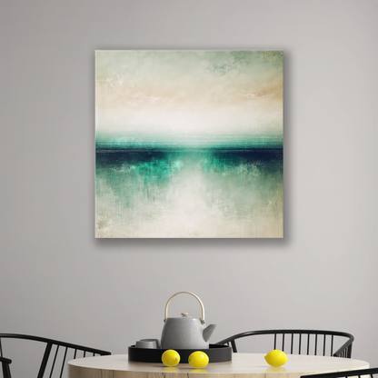 The coastal canvas wall art MYSTIC SHORE. The piece hangs on a wall.
