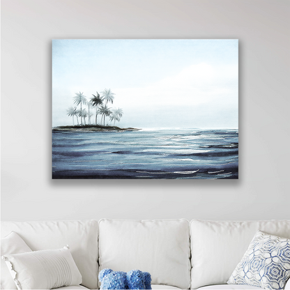 This tropical wall art canvas hanging on a wall, perfect for a beach-inspired space
