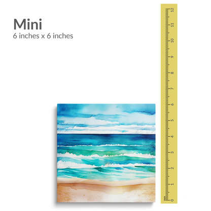 A 12 inch ruler is next to the mini size of beach art canvas print CRYSTAL WATERS. Gallery wrap canvas is square. Text reads: “MINI 6 inches x 6 inches”