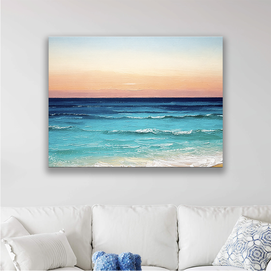 This tropical wall art canvas hanging on a wall, perfect for a beach-inspired space
