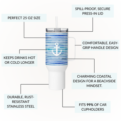Starboard Anchor Coastal 40 oz tumbler with lid and handle, featuring spill-proof design, stainless steel durability, and car cupholder fit