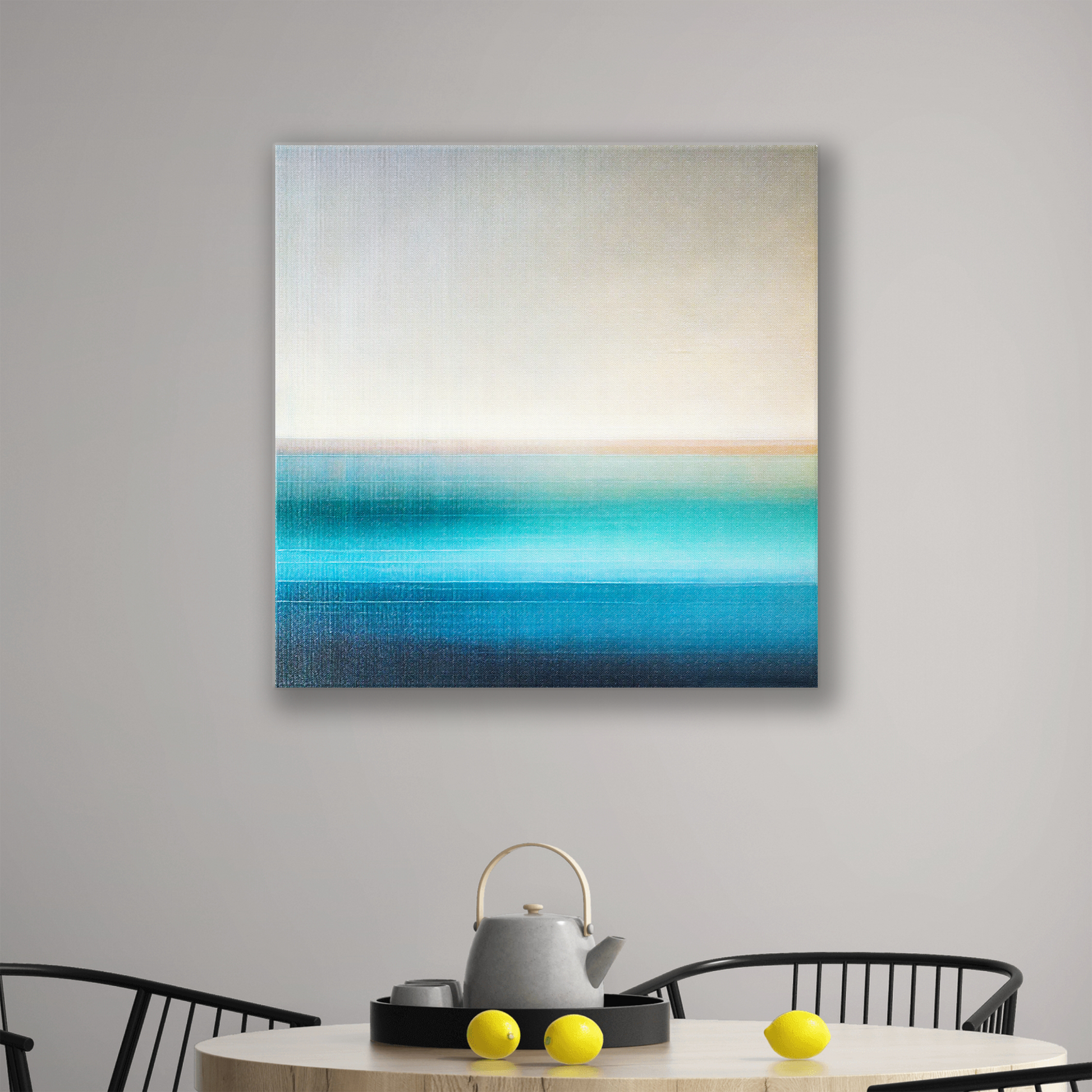 The abstract ocean wall art LAGOON BLUE. The piece hangs on a wall.
