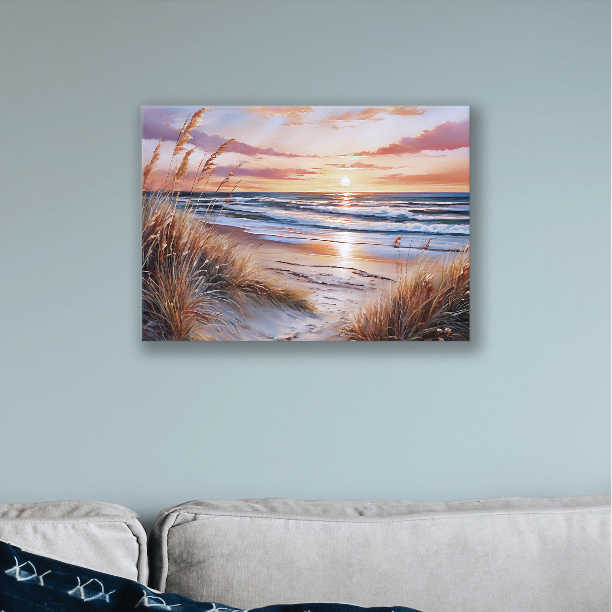 The beach art DUNES AT SUNSET. The piece hangs on a wall.
