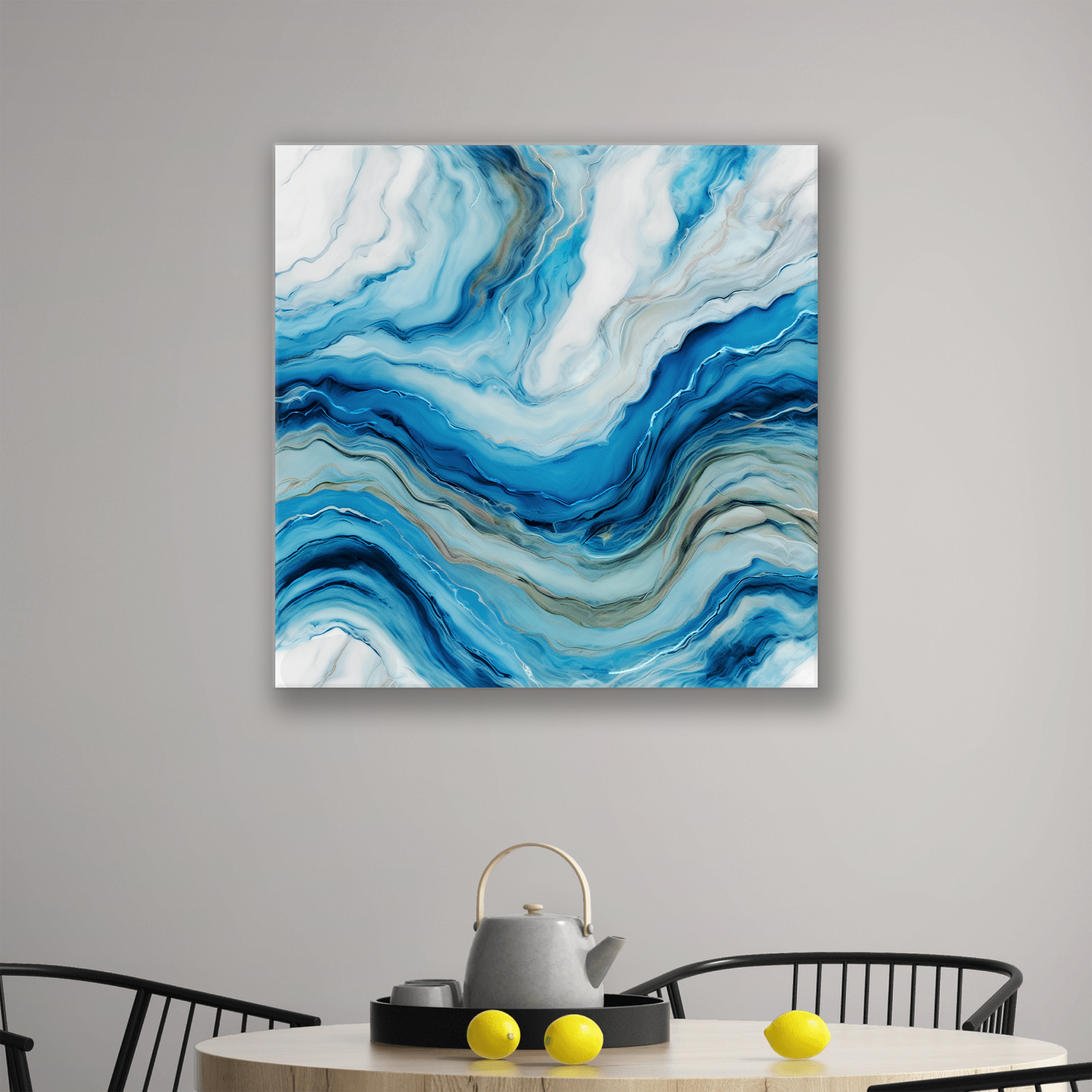 blue abstract coastal art ROLLING SURF. The piece hangs on a wall.
