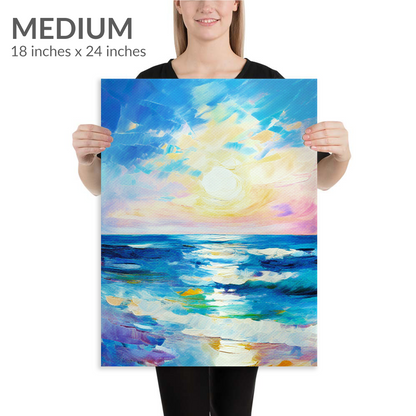 A woman holds the medium size of beach wall art REWARD. The coastal canvas art is in portrait orientation. Text reads: “Medium 18 inches x 24 inches”