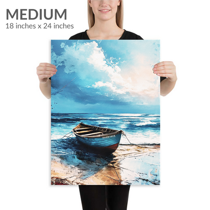 A woman holds the medium size of coastal wall art TIDE. The beachside canvas is in portrait orientation. Text reads: “Medium 18 inches x 24 inches”