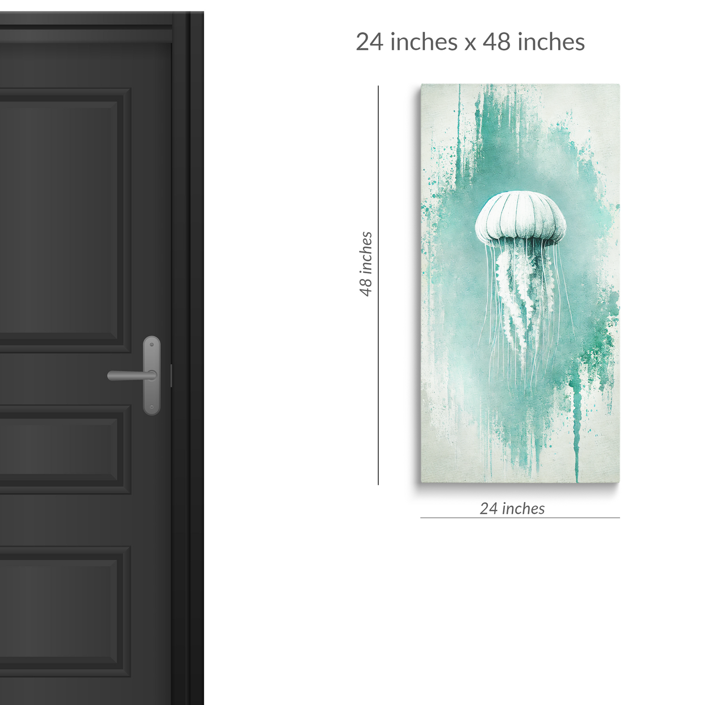 A standard size door next to beach art canvas JELLYFISH GLOW. The large ocean canvas art is in portrait orientation. Text reads: “24 inches x 48 inches”