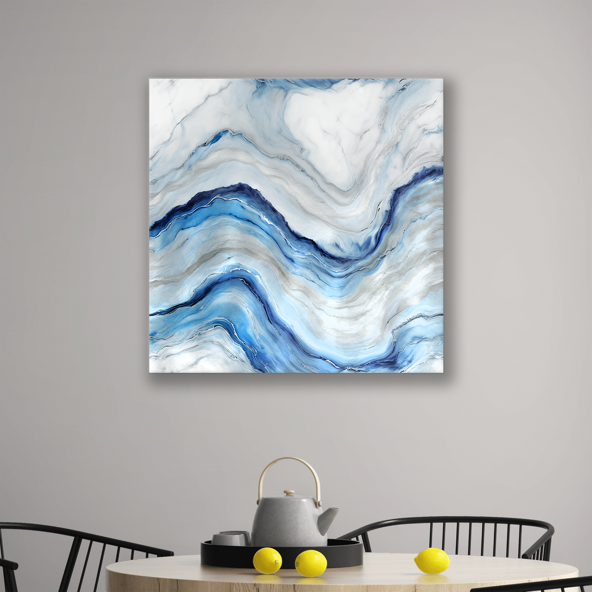 blue coastal wall art BLUE WAVES. The piece hangs on a wall.
