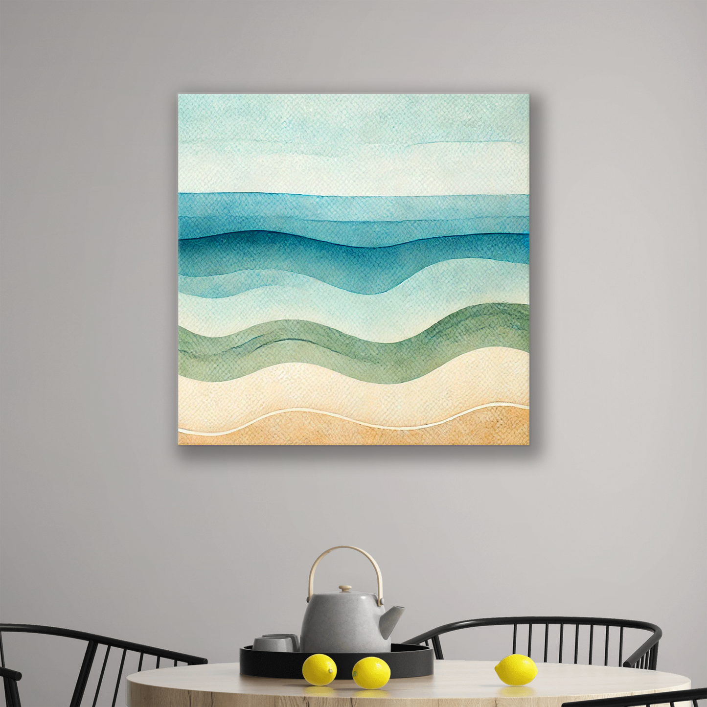 The contemporary ocean art canvas CALM WAVES. The piece hangs on a wall.
