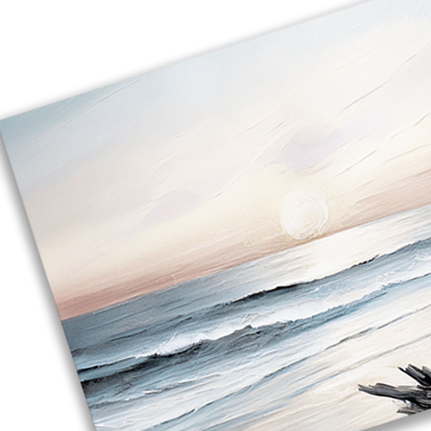 Closeup of EVENING SHORE , textured brush strokes on thick poly-cotton blend canvas
