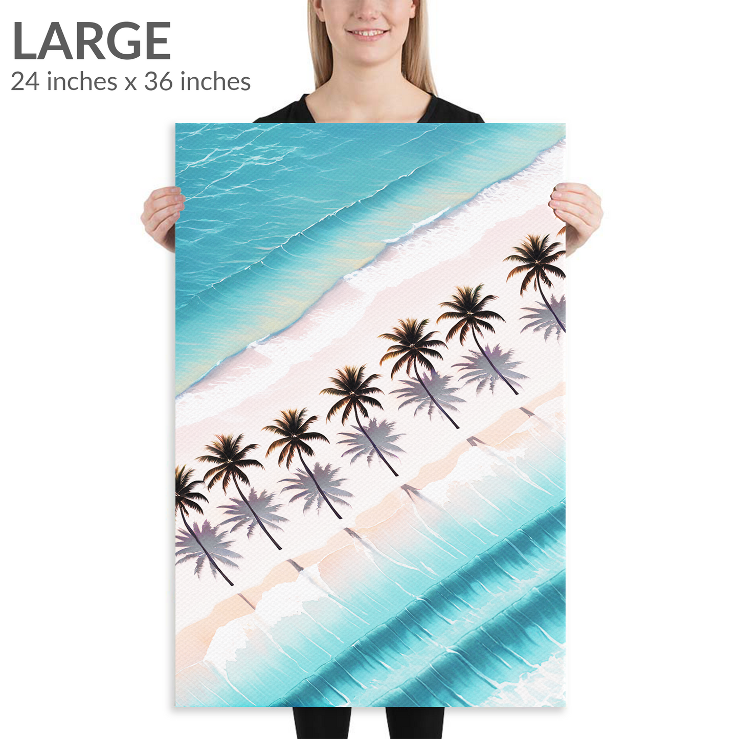 A woman holds the large size of coconut palm wall art PALM SHORES. The beach wall art piece is in portrait orientation. Text reads: “Large 24 inches x 36 inches”