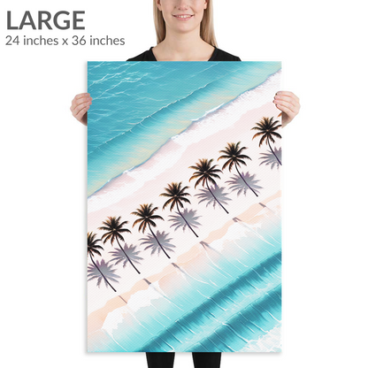 A woman holds the large size of coconut palm wall art PALM SHORES. The beach wall art piece is in portrait orientation. Text reads: “Large 24 inches x 36 inches”