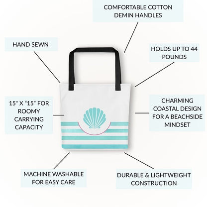 Infographic image showing features of the teal tote, including machine washable fabric, lightweight yet durable build, and 44 lb weight capacity.
