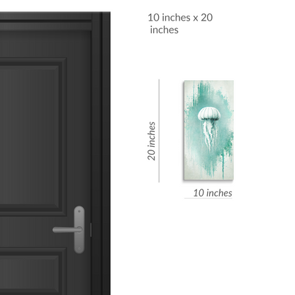 A standard size door next to beach art canvas JELLYFISH GLOW. The large ocean canvas art is in portrait orientation. Text reads: “10 inches x 20 inches”