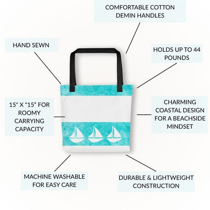 Infographic image showing features of the coastal bag, including machine washable fabric, lightweight yet durable build, and 44 lb weight capacity.