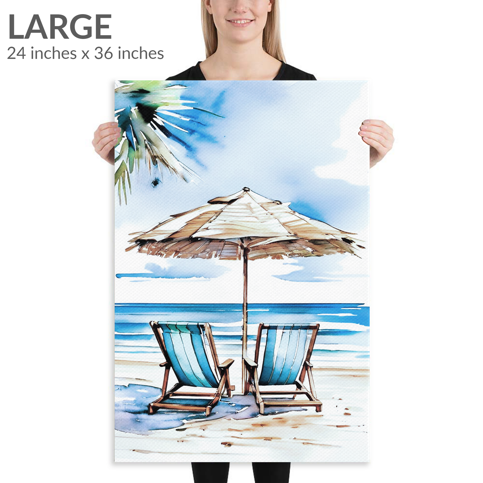 A woman holds the large size of beach canvas art ESCAPE. The beach wall art large piece is in portrait orientation. Text reads: “Large 24 inches x 36 inches”