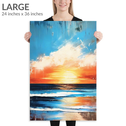 A woman holds the large size of beachside art REFRESH. The coastal canvas piece is in portrait orientation. Text reads: “Large 24 inches x 36 inches”