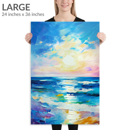 A woman holds the large size of beach wall art REWARD. The beachside canvas piece is in portrait orientation. Text reads: “Large 24 inches x 36 inches”