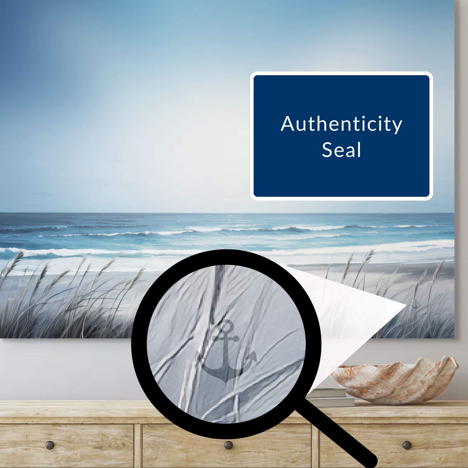 Beach scene with a 'Authenticity Seal' overlay and a magnifying glass inspecting an anchor.