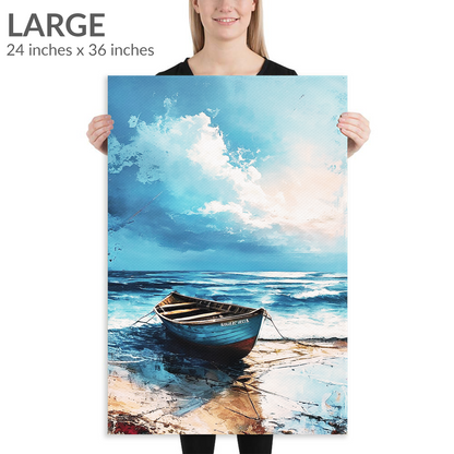 A woman holds the large size of coastal wall art TIDE. The coastal wall art ideas piece is in portrait orientation. Text reads: “Large 24 inches x 36 inches”