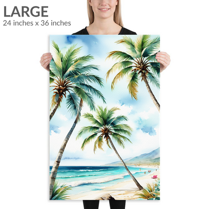 A woman holds the large size of palm tree art PARADISE PALMS. The seaside wall art piece is in portrait orientation. Text reads: “Large 24 inches x 36 inches”