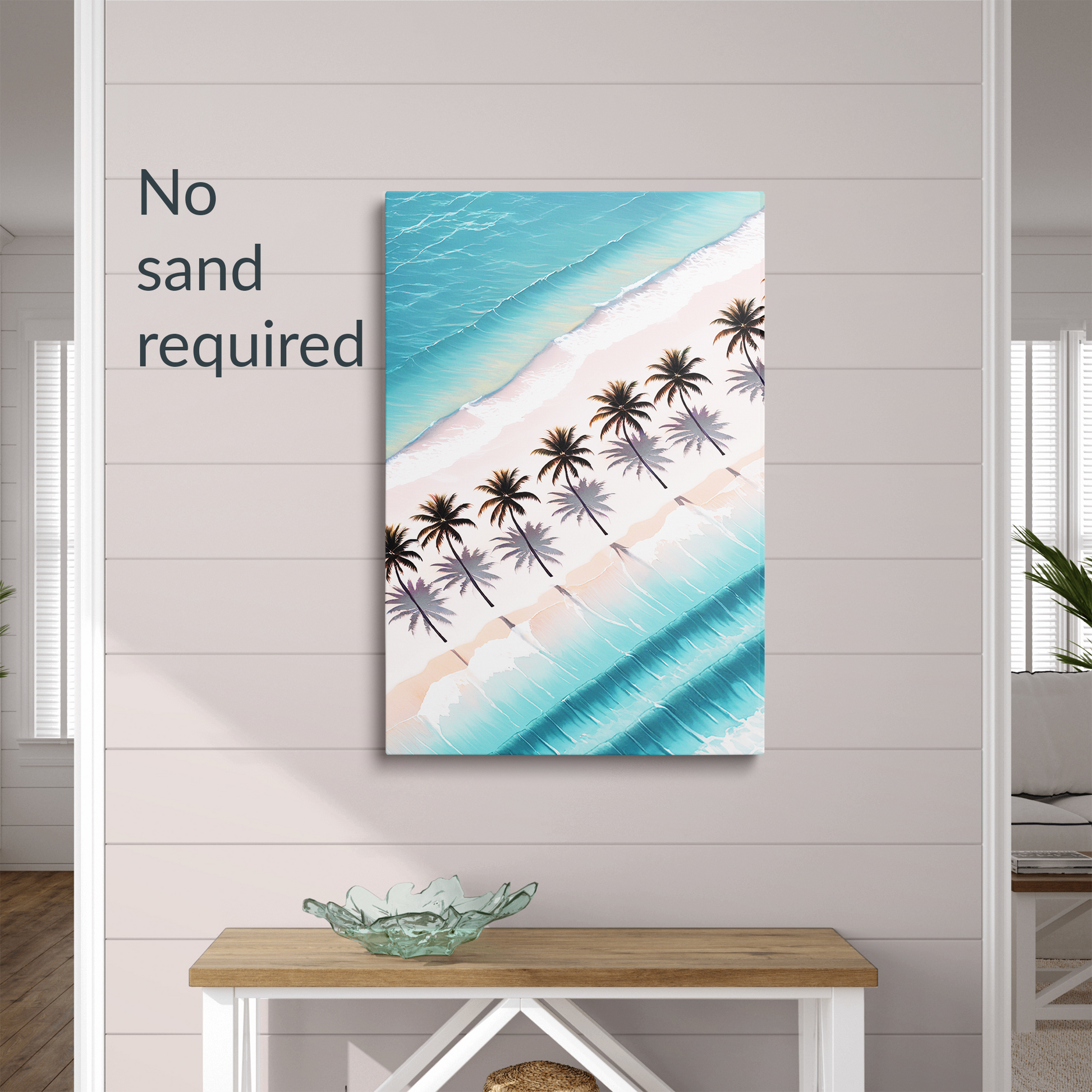 coconut palm wall art PALM SHORES hanging on a shiplap wall. Text reads: “No sand required.”