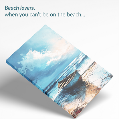 The coastal wall art TIDE canvas. The text reads: “Beach lovers, when you can't be on the beach...”