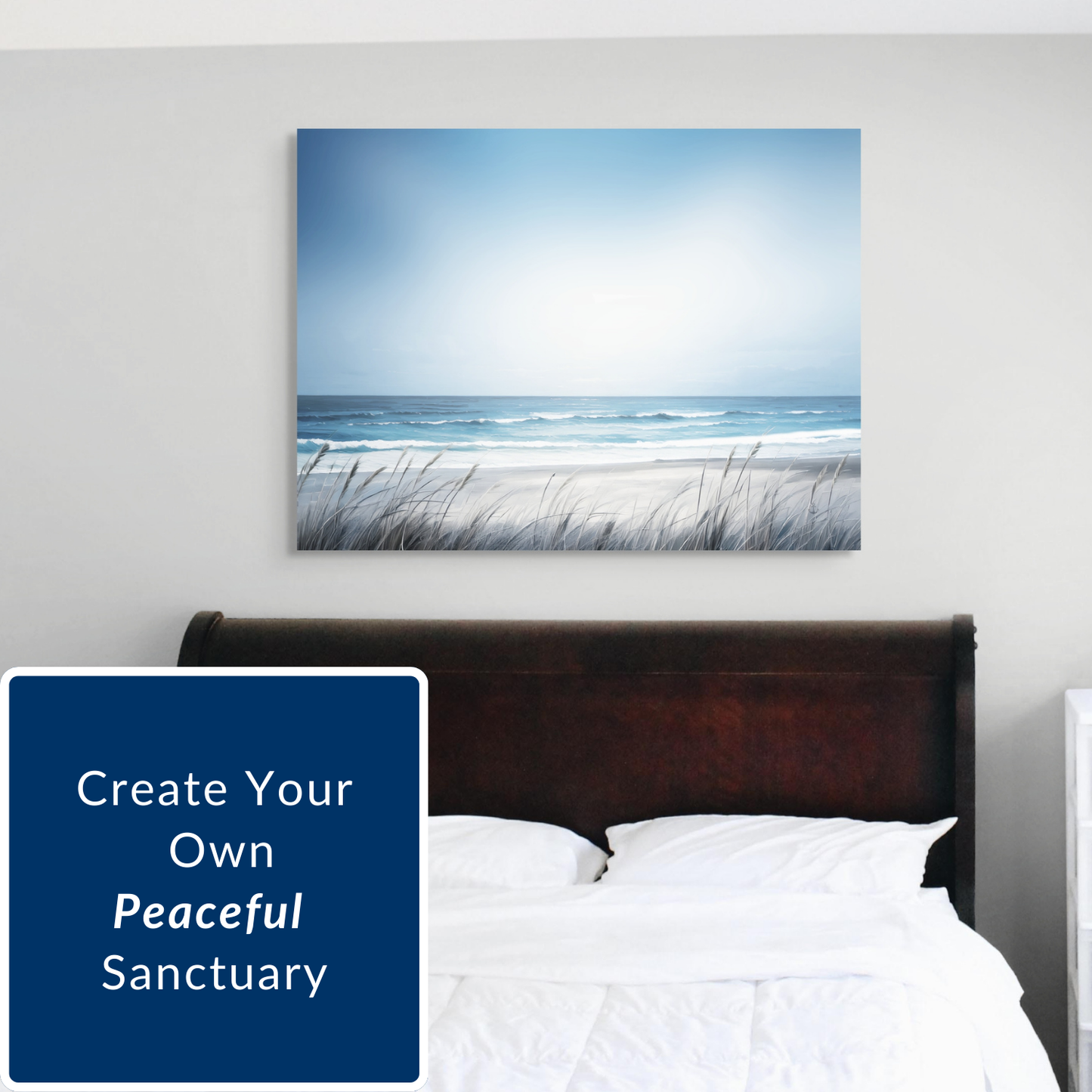 Beach scene painting, Saltwater Surf, above a bed with 'Create Your Own Peaceful Sanctuary' text.