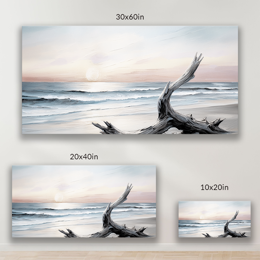 EVENING SHORE, beach art print, is available in these sizes: 10-in x 20-in, 20 in x 40 in, 30 in x 60 in
