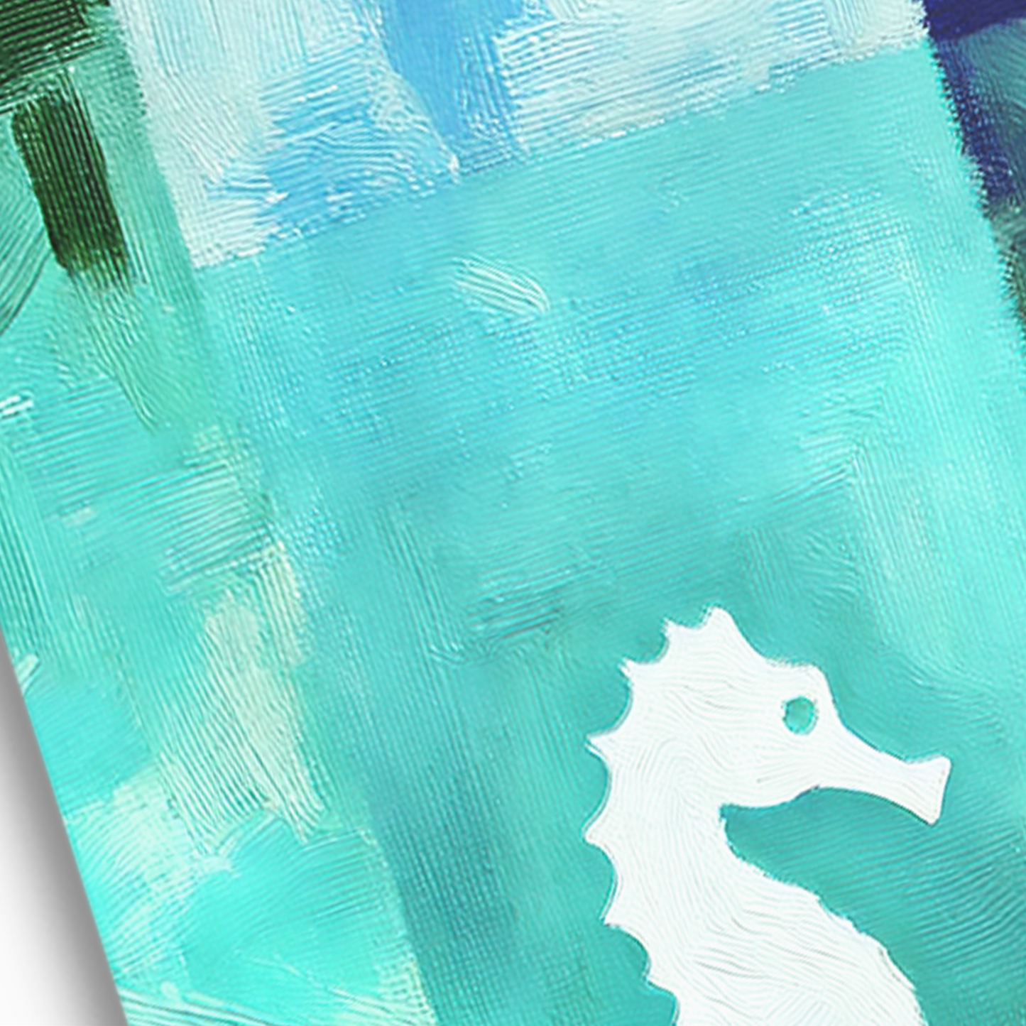 Closeup of seahorse wall art TURQUOISE SEAHORSE canvas.