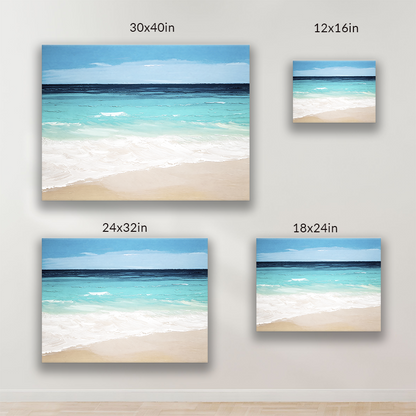 SANIBEL BLUES, beachscape, is available in these sizes: 12-in x 16-in, 18 in x 24 in, 24 in x 32 in, 30 in x 40 in
