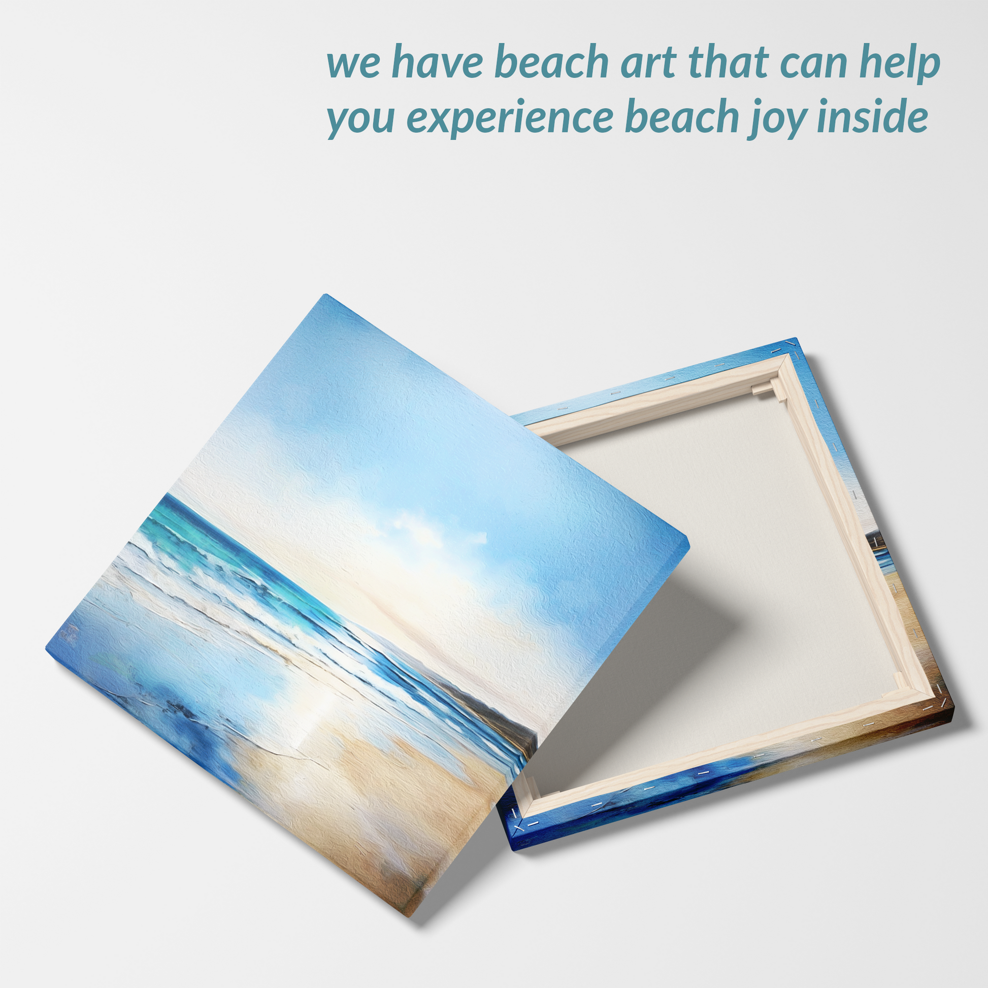 beach canvas wall art SALTY BREEZE showing front and back. The text reads: “we have beach art that can help you experience beach joy inside”. awe-inspiring coastal art work