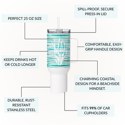 Turquoise Sea Kelp Coastal 40 oz tumbler with lid and handle, highlighting spill-proof design, stainless steel build, and long-lasting insulation.
