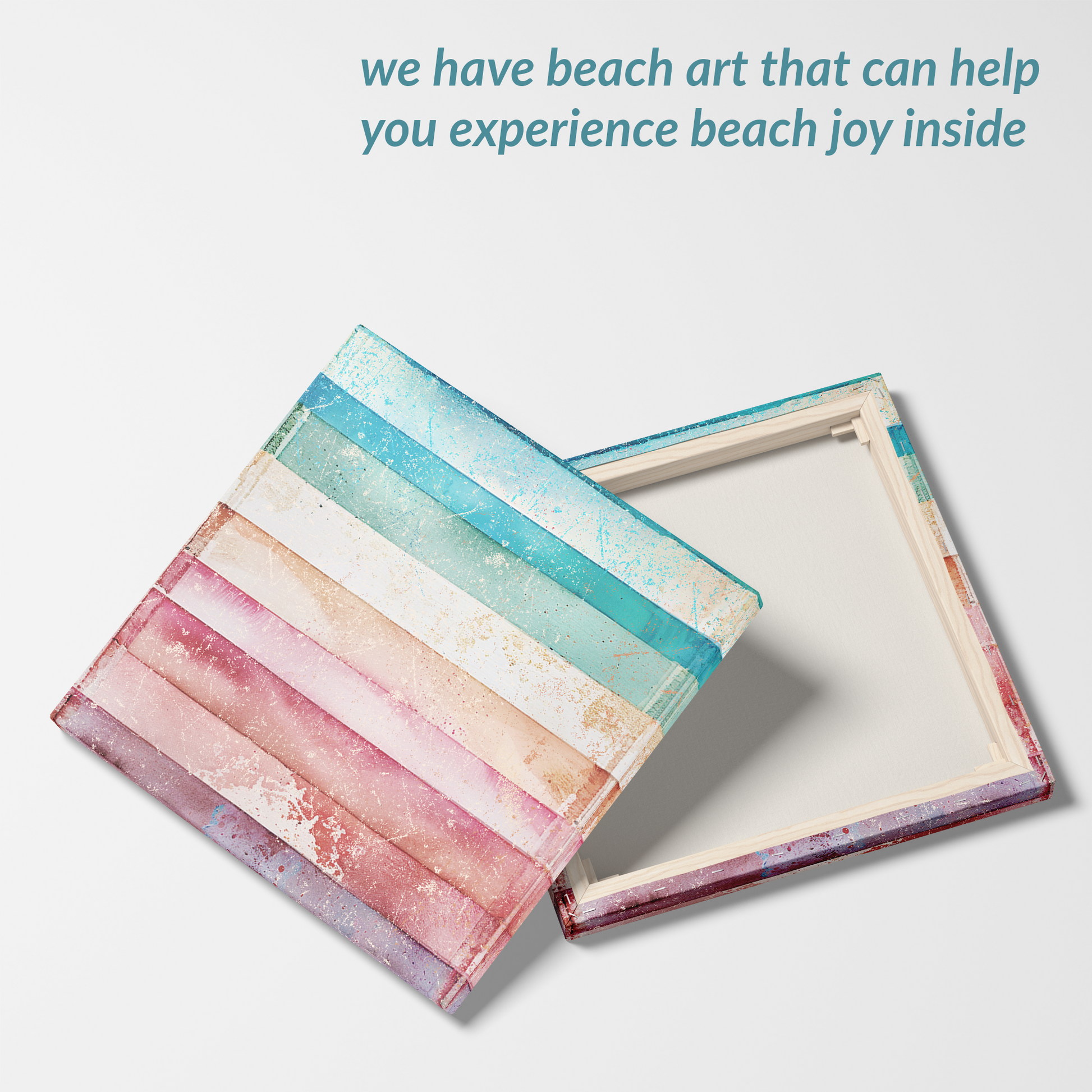 beach wall art on canvas TROPICAL VIBES showing front and back. The text reads: “we have beach art that can help you experience beach joy inside”. awe-inspiring seaside art