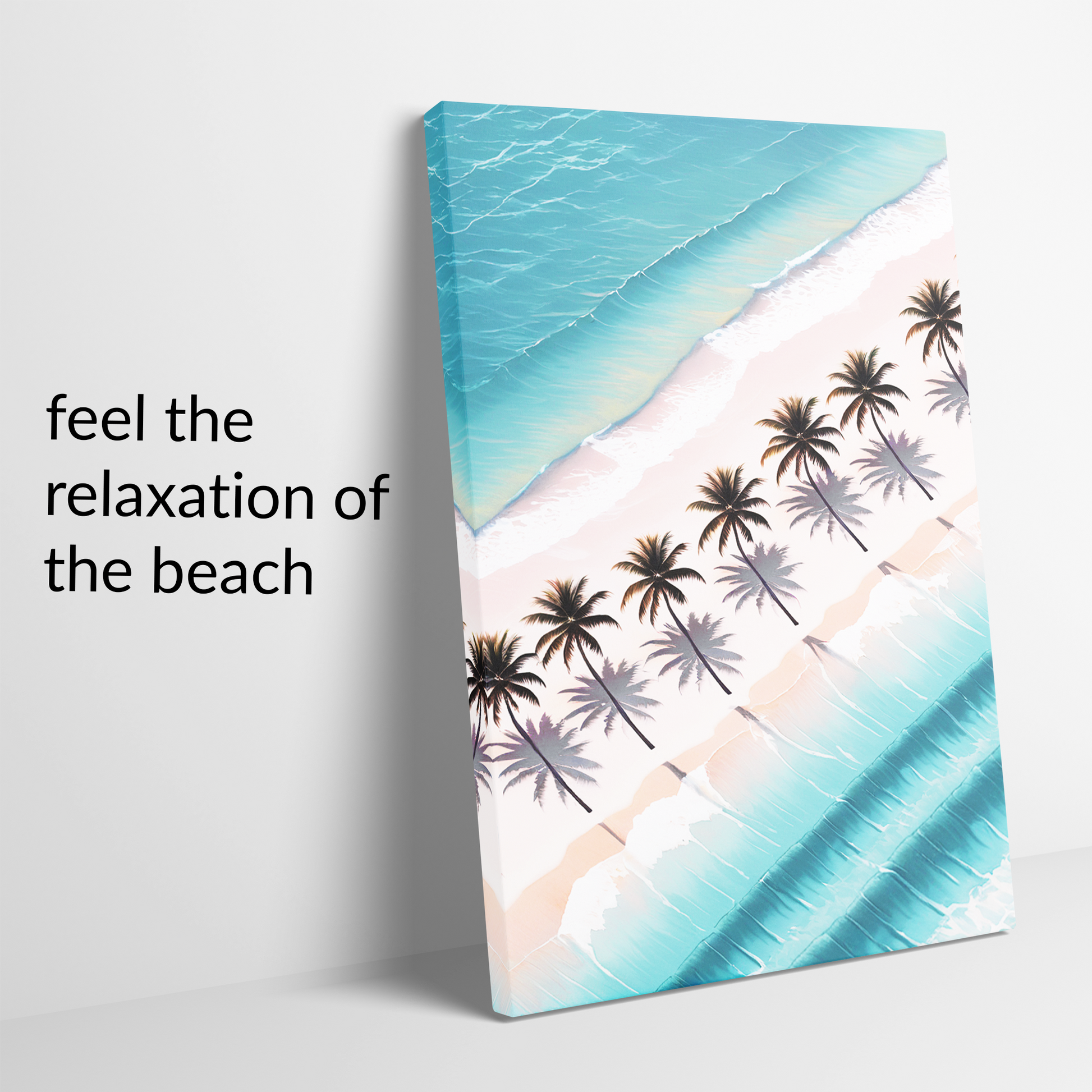 coconut palm wall art PALM SHORES showing the mirrored edge. Text reads: “feel the relaxation of the beach.”