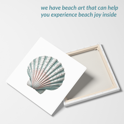 sea shell wall art TIDAL CLAM showing front and back. The text reads: “we have beach art that can help you experience beach joy inside”. captivating clam shell wall art