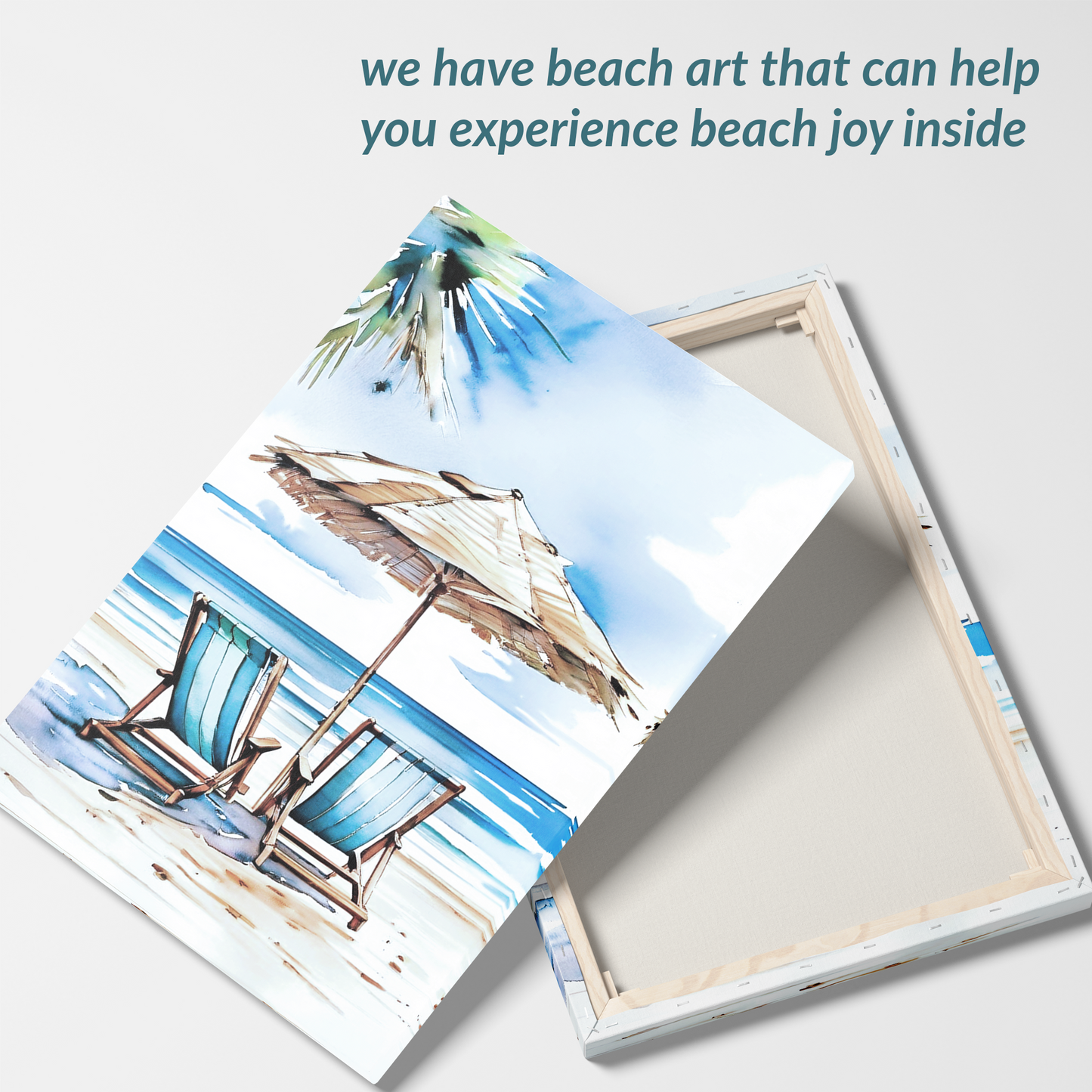 beach canvas art ESCAPE showing front and back. The text reads: “we have beach art that can help you experience beach joy inside”. superb beach wall art large