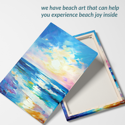 beach wall art REWARD showing front and back. The text reads: “we have beach art that can help you experience beach joy inside”. superb beachside canvas