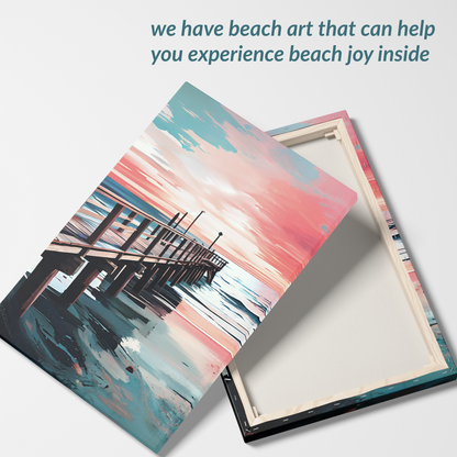 coastal canvas art DISTANCE showing front and back. The text reads: “we have beach art that can help you experience beach joy inside”. awe-inspiring beachside art