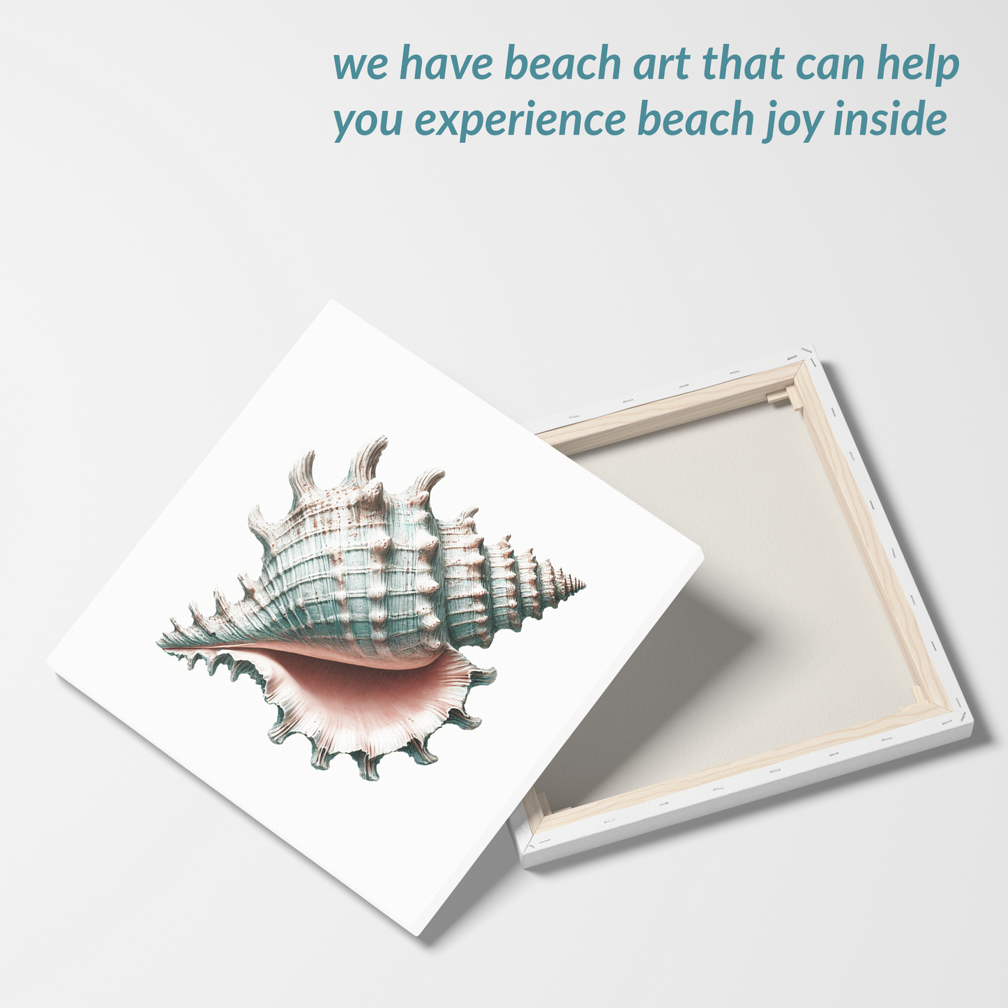 shell wall art SEA SPIRAL showing front and back. The text reads: “we have beach art that can help you experience beach joy inside”. awe-inspiring seashore wall art