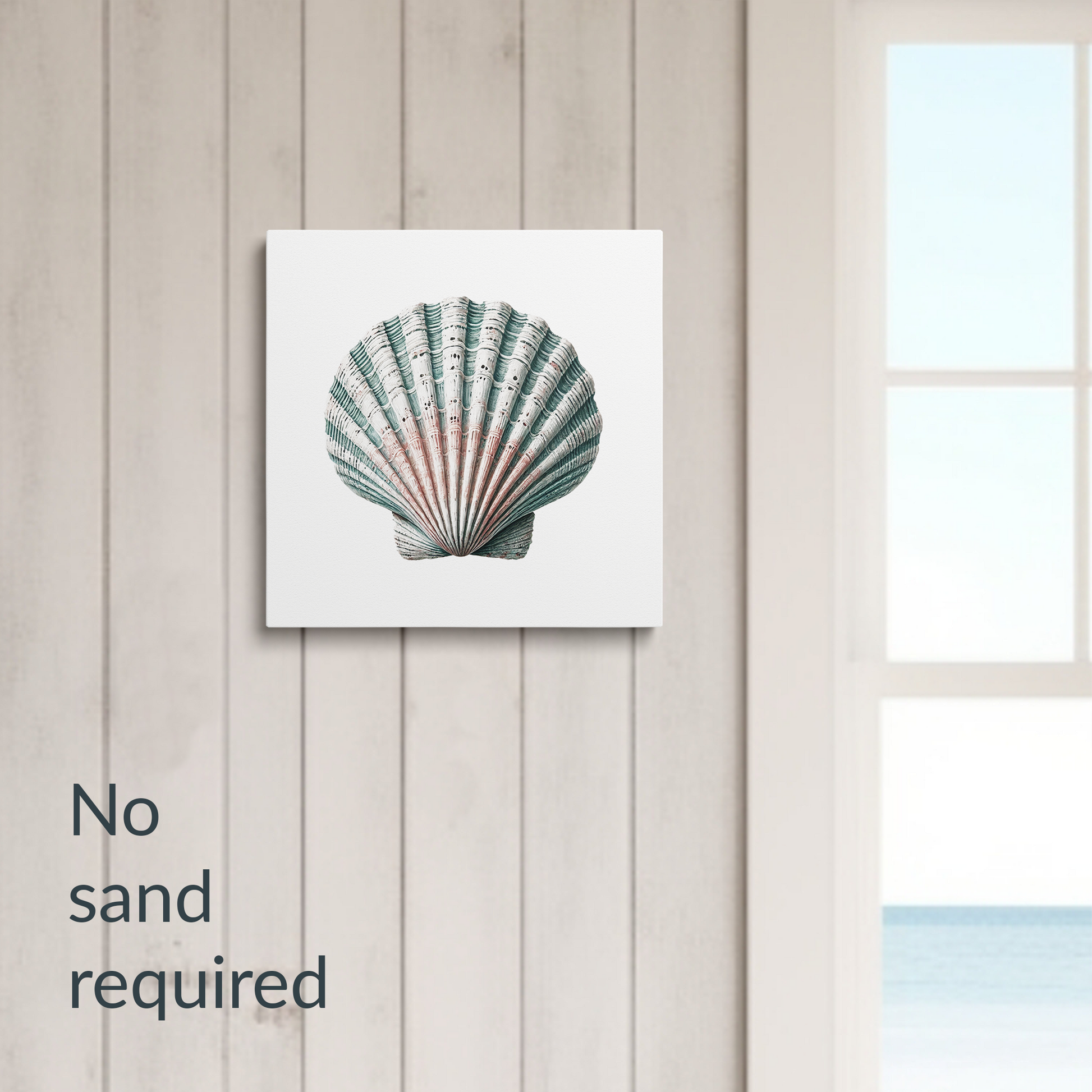 sea shell wall art TIDAL CLAM hanging on a wall next to a window with beach view. Text reads: “No sand required.”