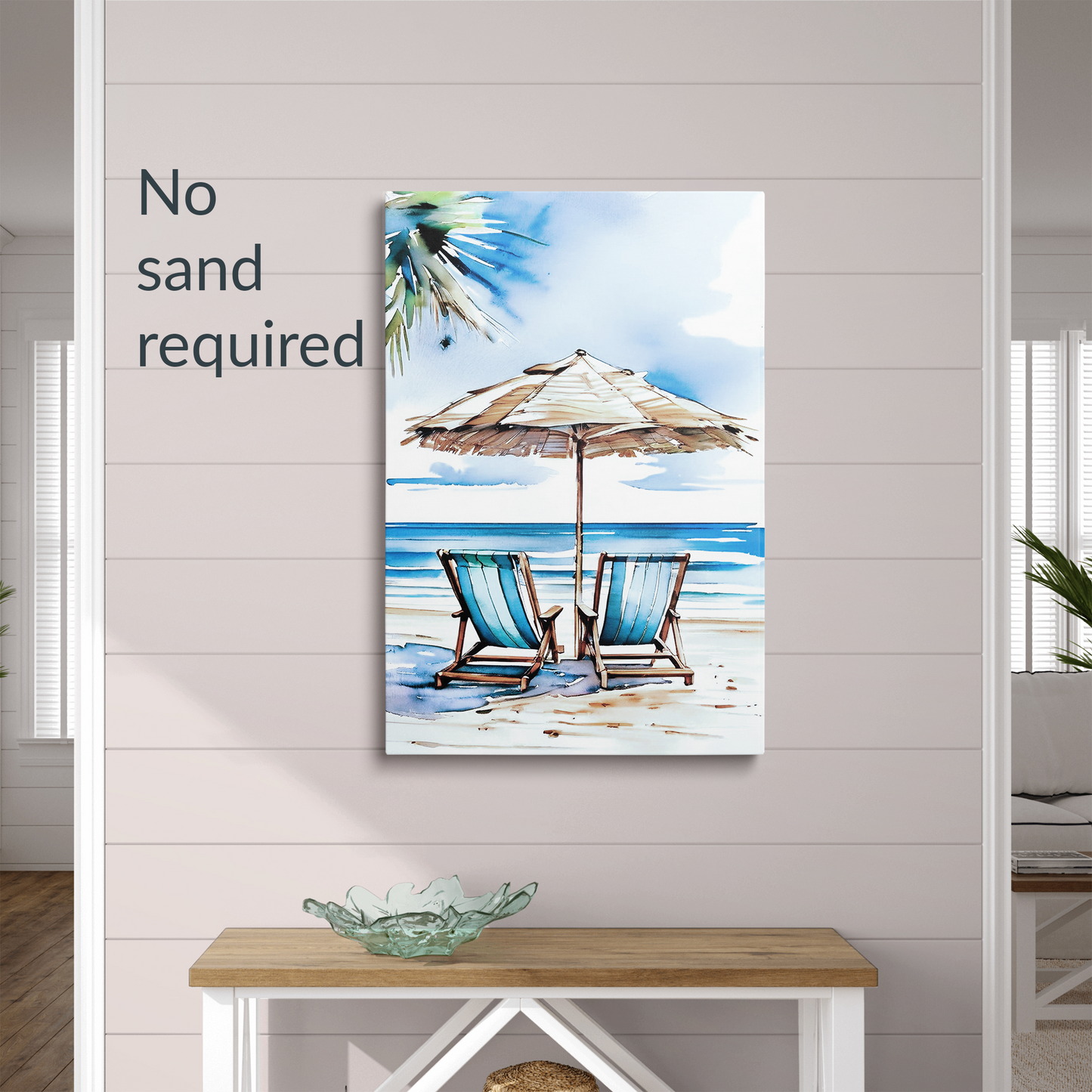 beach canvas art ESCAPE hanging on a shiplap wall. Text reads: “No sand required.”