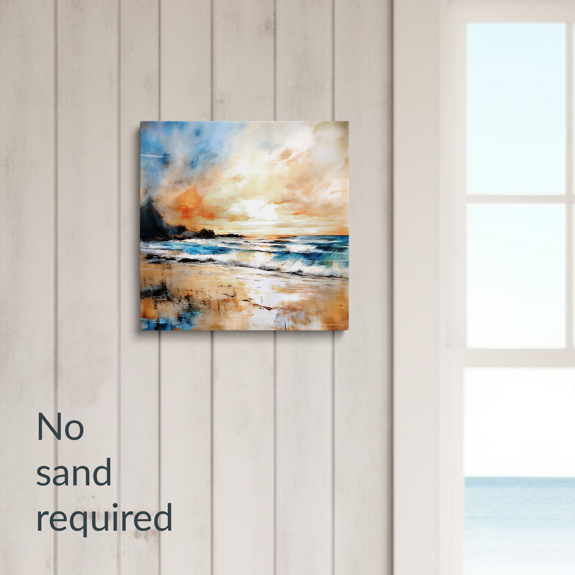 beach art canvas print BUBBLY SHORES hanging on a wall next to a window with beach view. Text reads: “No sand required.”